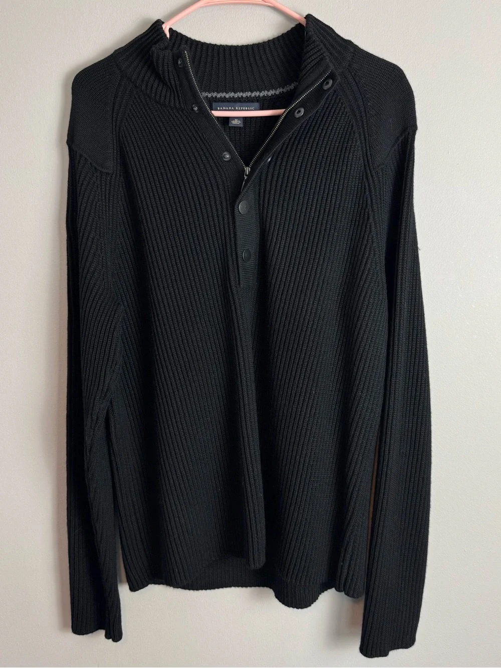 Banana Republic 100% Wool Black Fisherman’s Knit Quarter Zip Sweater Size Large
